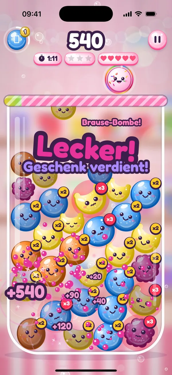 Flabbis im Spiel: eine Kette ploppt, „Lecker! Geschenk verdient!“