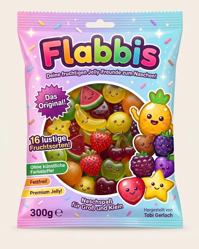 KI-generiertes Bild: die Flabbis-Tüte „Deine fruchtigen Jelly-Freunde zum Naschen“ mit 16 lustigen Fruchtsorten